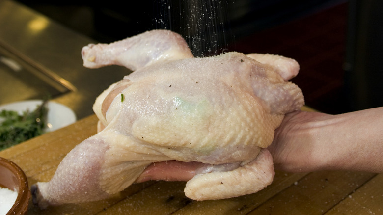 A person holds a whole chicken, salting it from above