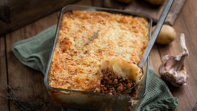 A casserole dish with shepherd's pie