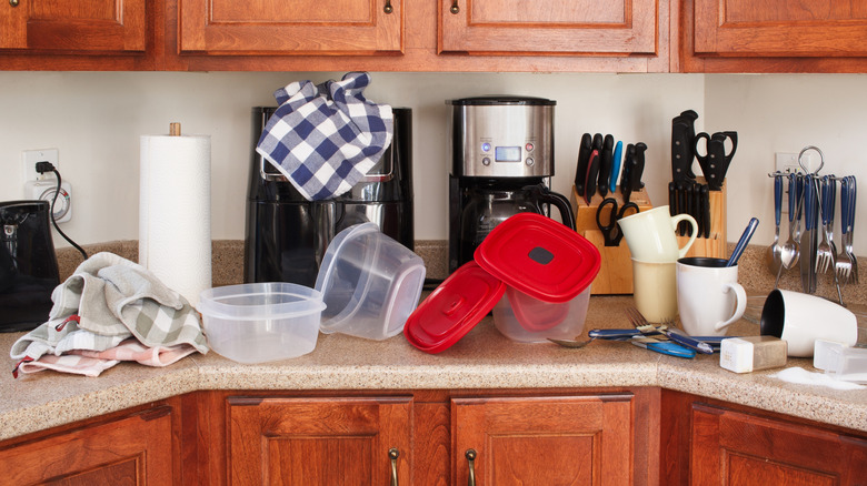 Messy kitchen counter in need of cleanup