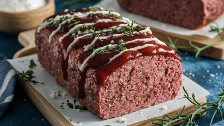 Meatloaf glazed with barbecue sauce on wooden board
