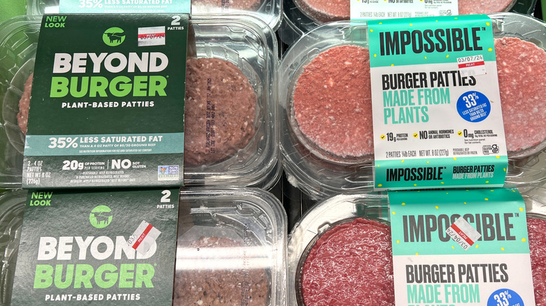A selection of Impossible and Beyond Burger plant-based patties