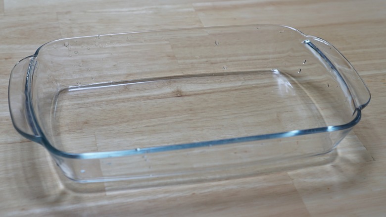 glass baking dish on wooden table