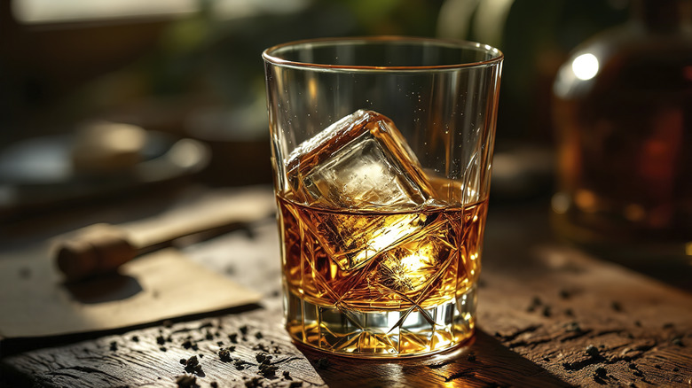 Glass of whiskey with large ice cube