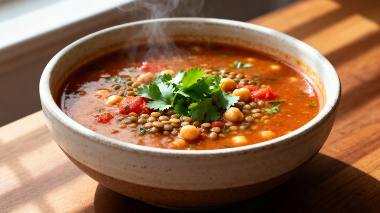 a steaming bowl of brothy lentil soup