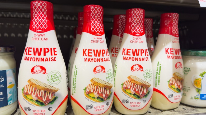 Kewpie mayonnaise bottles on the grocery store shelf