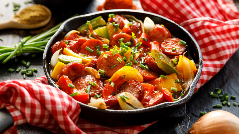 Sausage and peppers in cast iron skillet