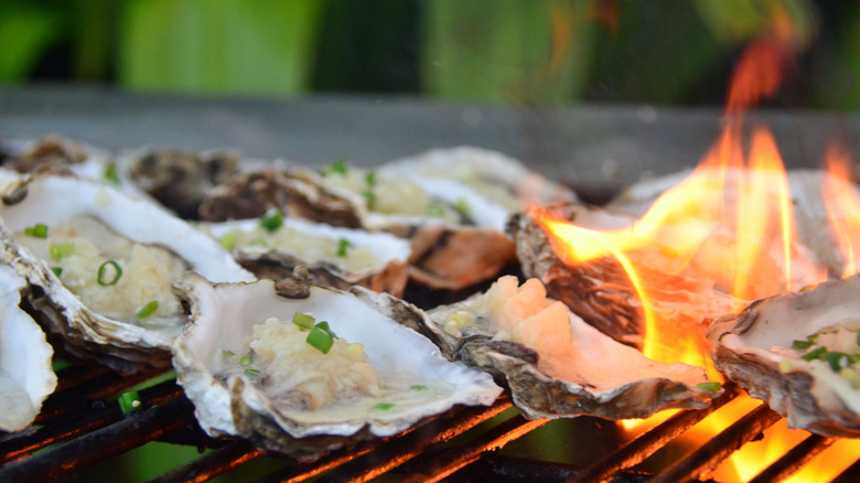 oysters cooking on a grill