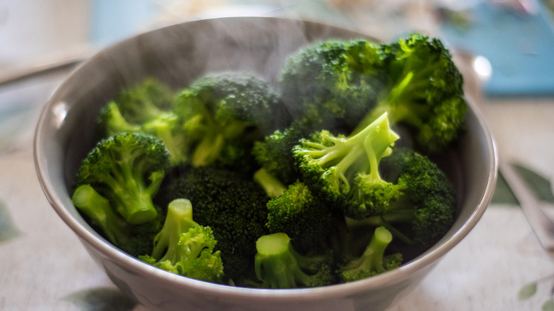 a grey bowl of steamed broccoli