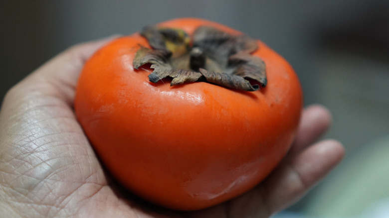 A person holding a ripe fuyu persimmon