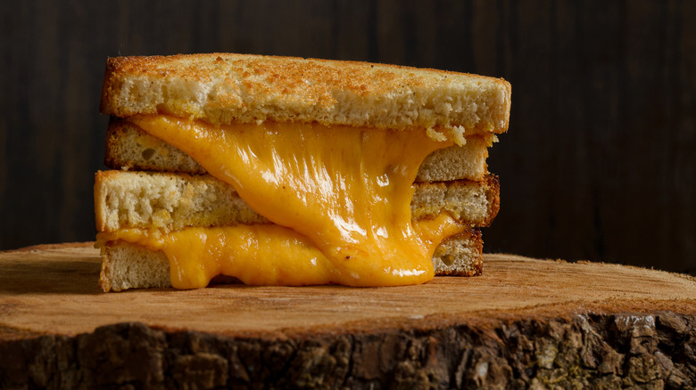 Grilled cheese sandwich on a rustic wooden plate on wooden table