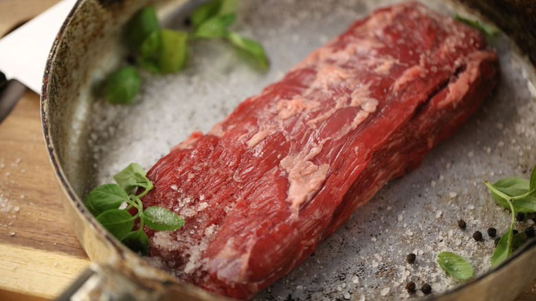 Raw bavette steak in a dish