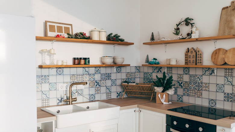 Decorated open shelves in a kitchen