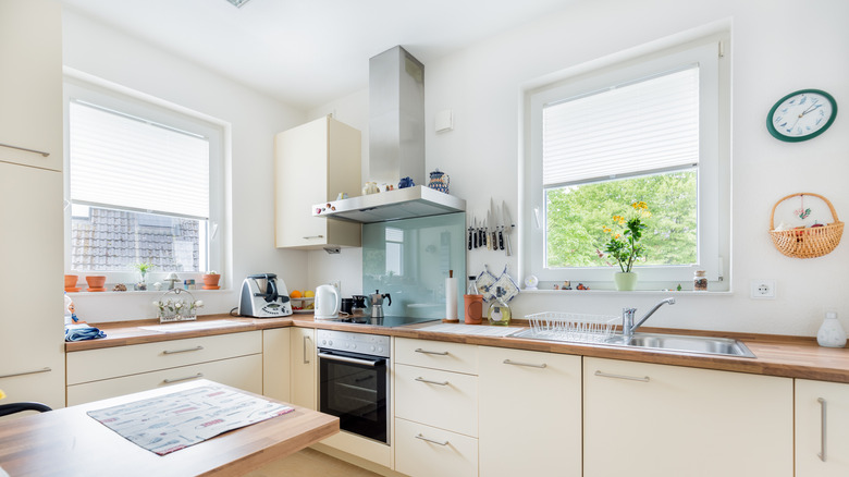 A simple modern kitchen with two window shades