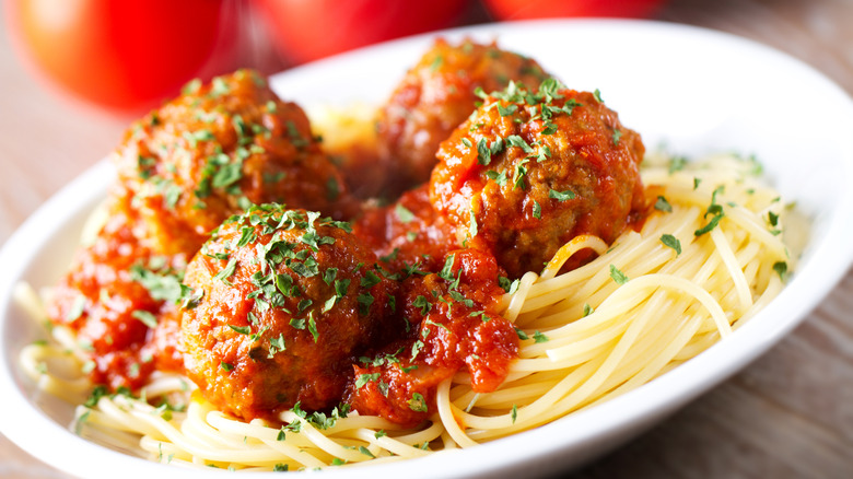 plate of spaghetti and Italian meatballs