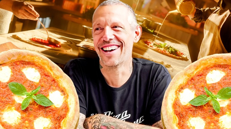 Anthony Mangieri surrounded by Neapolitan pizzas