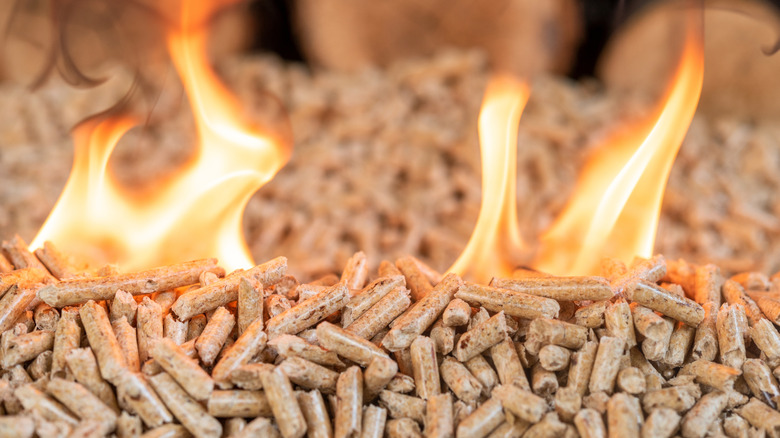 Flames coming through wood pellets