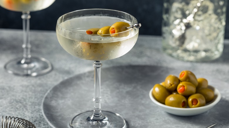 martini with olive garnish