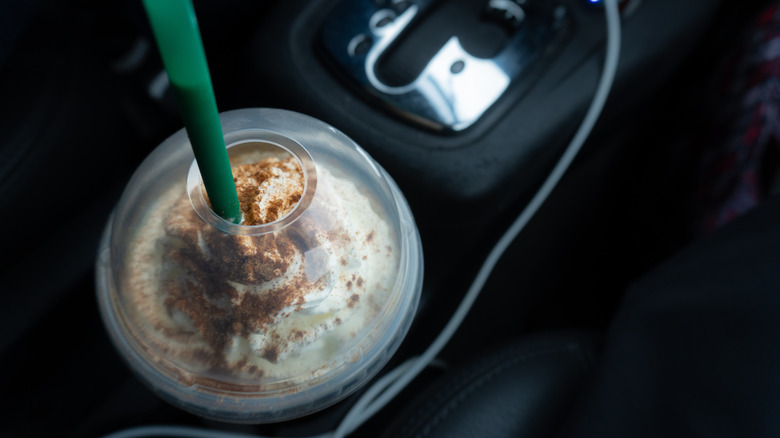 starbucks cinnamon frappuccino in car console