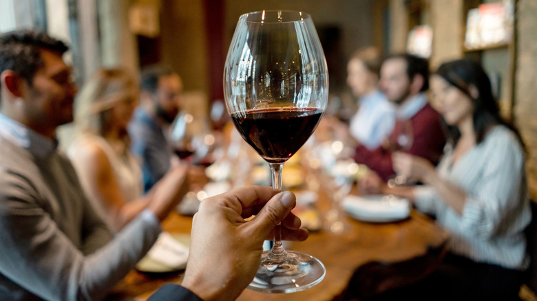 Foodie holding a glass of wine at a restaurant