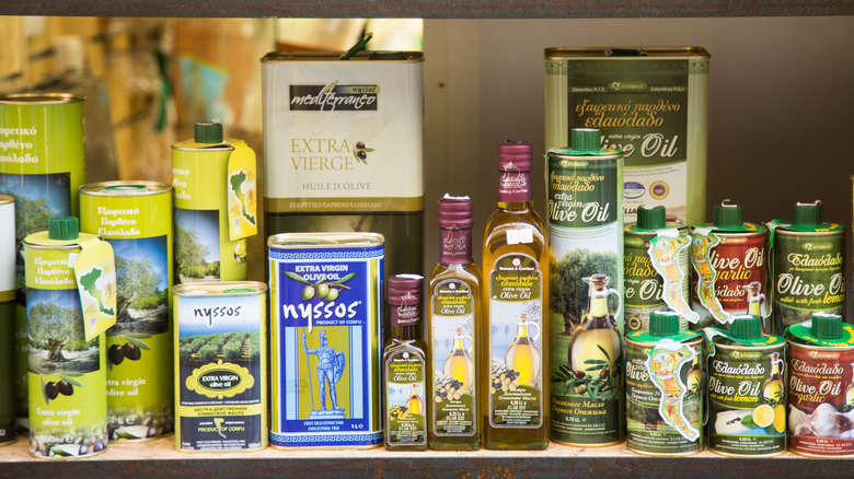 Olive oils on supermarket shelf