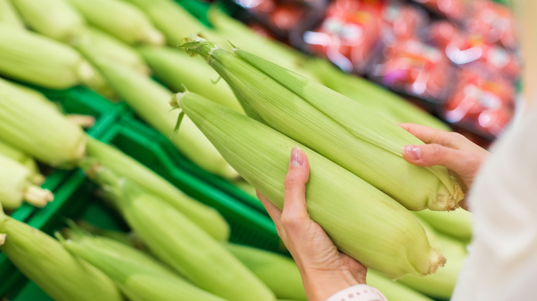 Woman holding two ears of corn in supermarket