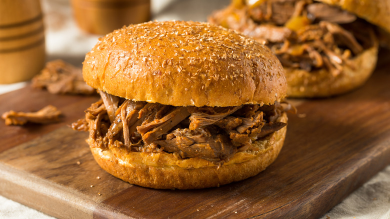 Close-up of a homemade beef pot roast sandwich