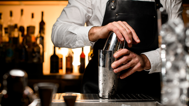 Bartender using cocktail shaker