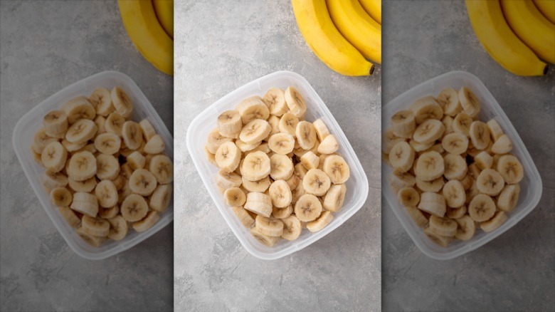 Frozen banana slices in container