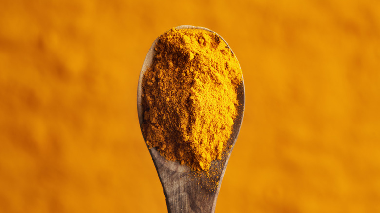 Turmeric powder on wooden spoon
