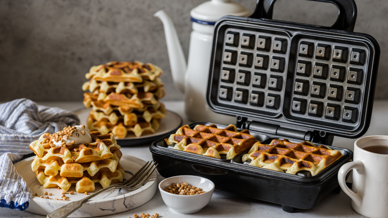 Waffles in waffle maker with waffle stack 