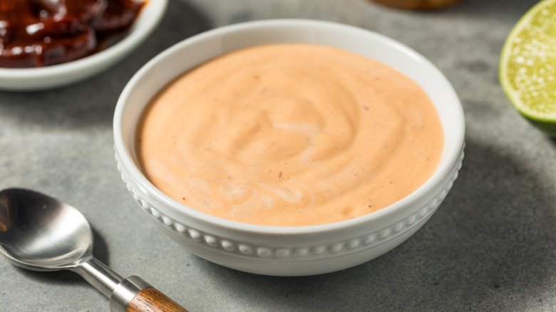 White dish of homemade yum yum sauce