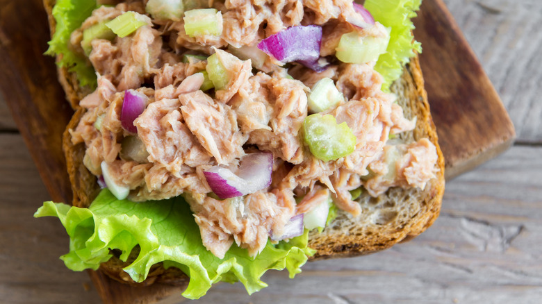Closeup of tuna salad on bread