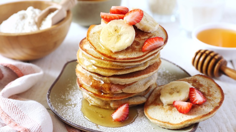 stack of pancakes with mix