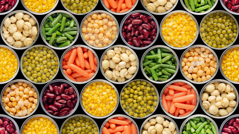 canned vegetables lined up