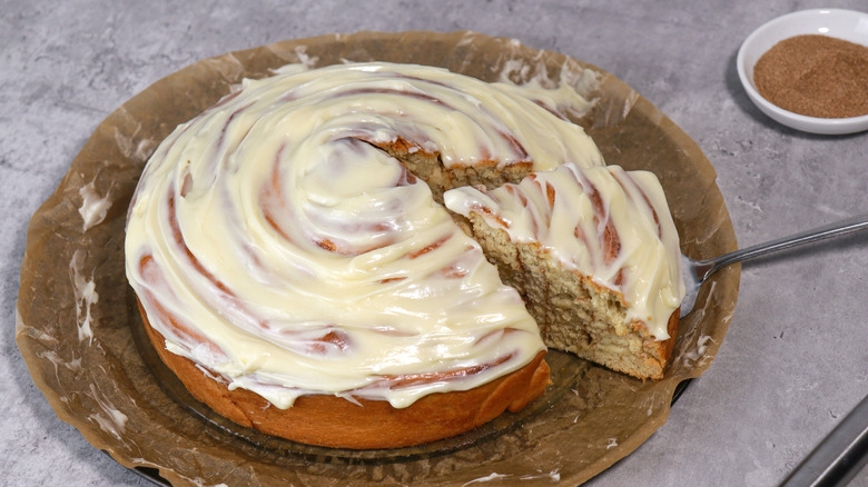 giant cinnamon roll on plate