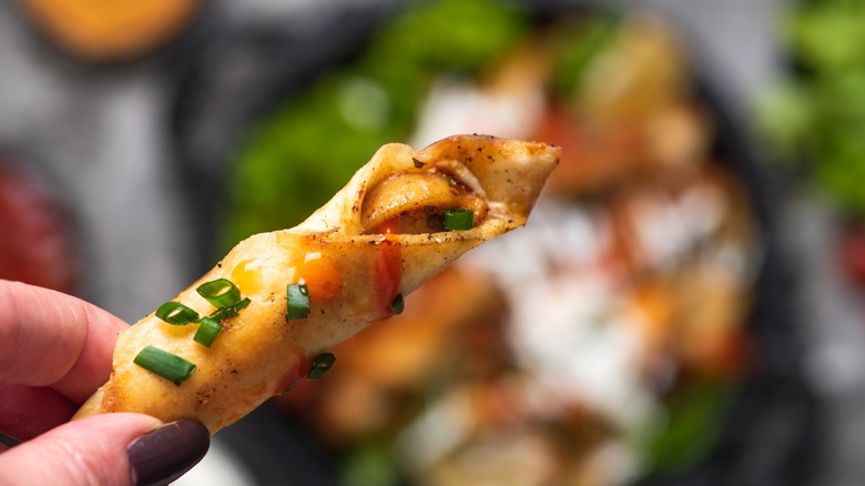 a small, rolled tortilla covered in cheese, green onion and some sauce