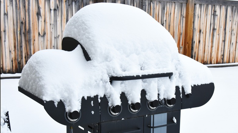 A snow-covered barbecue in a snowy backyard