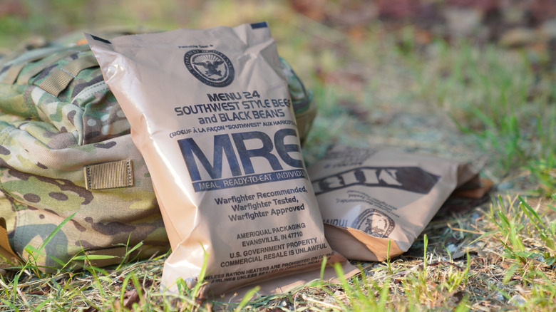 Packages of meals ready to eat leaning against a camouflage bag in the grass