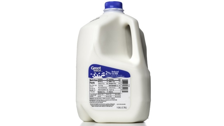 2% gallon of Great Value milk on white background