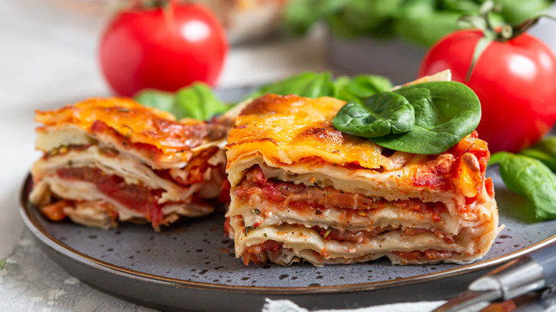 Squares of lasagna on a plate