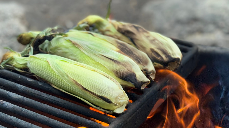 four corn cobs with husks in tact on an open-flame grill