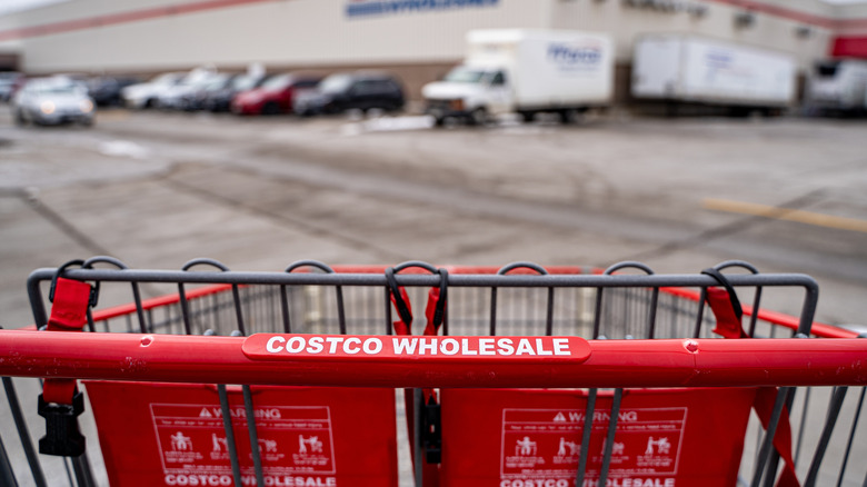 Close up of shopping cart in front of Costco Wholesale building
