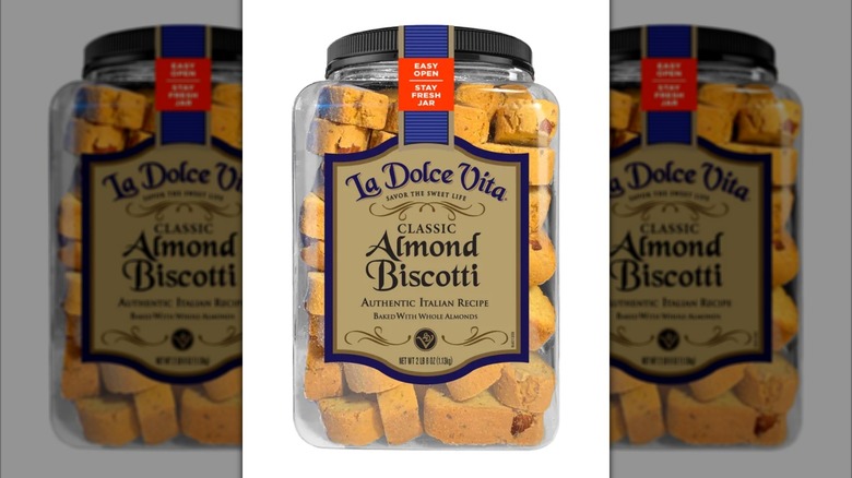La Dolce Vita almond biscotti jar with a white background