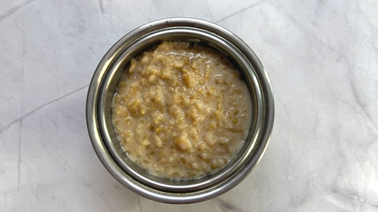Steel bowl full of Instant Pot oatmeal with thick texture