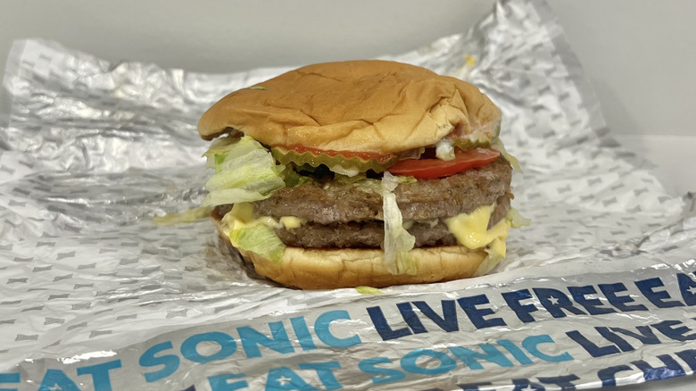 SuperSONIC Double Cheeseburger on wrapping.