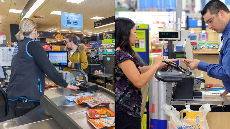 A split image of customers checking out at Aldi and Walmart