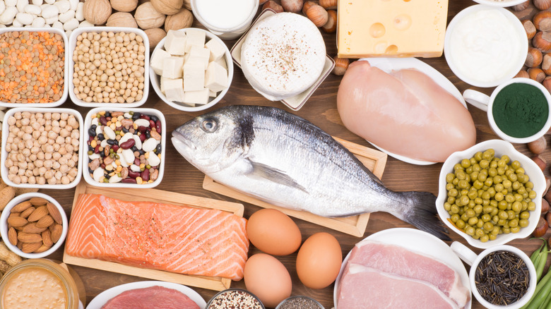 A variety of protein-rich foods like fish, meat, eggs, beans, and nuts arranged on a table