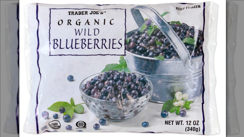Trader Joe's organic frozen blueberries on white background