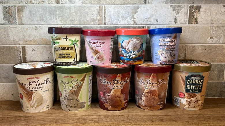 Trader Joe's ice cream pints on wooden table