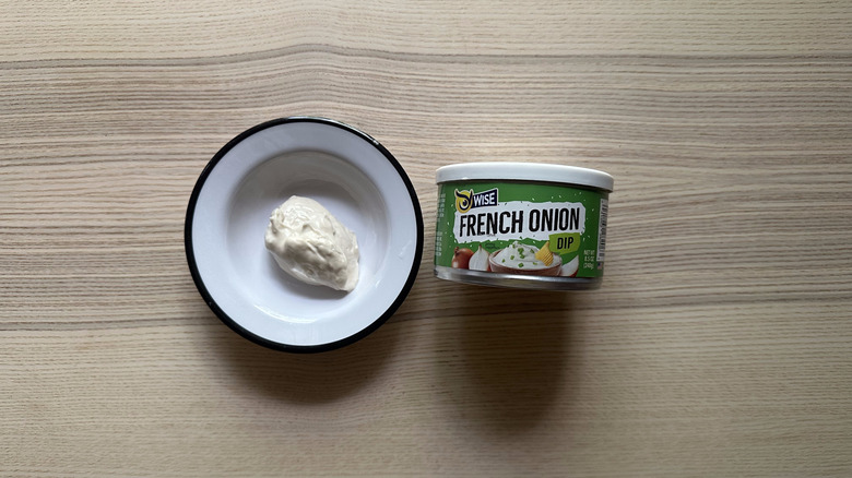 Wise French Onion Dip on wooden table